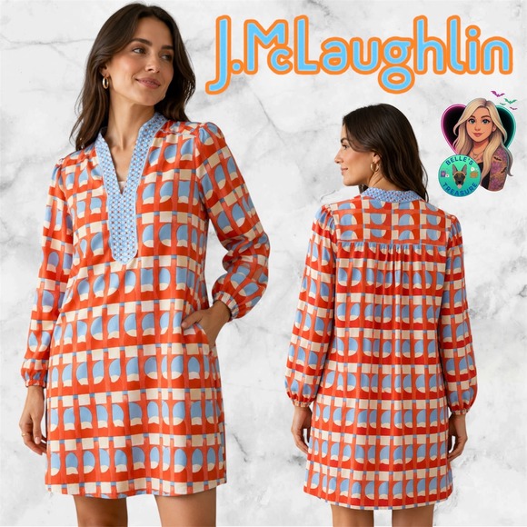 J.McLaughlin Dresses & Skirts - J.McLaughlin Women's Medium Emer‎ Dress Eclipse Orange Blue Shift Catalina Cloth